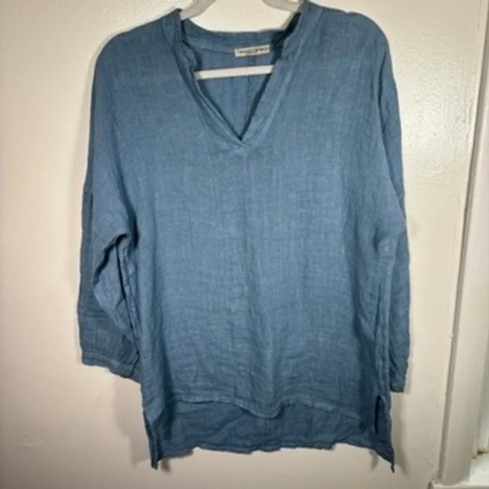 Francesca Bertini Top Women Sz L Sky Blue 100% Linen V-Neck Tunic Blouse Coastal - Picture 2 of 7